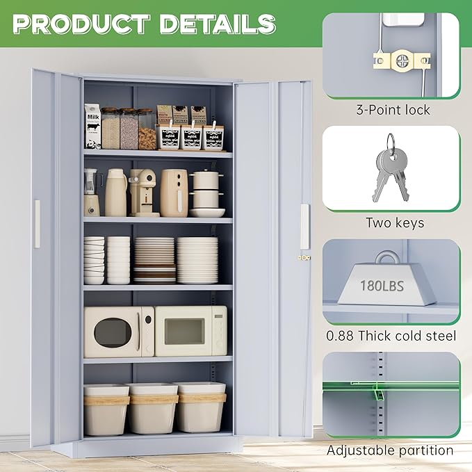 INTERGREAT Metal Storage Cabinet with Lock, 61" H Metal Cabinets Storage with 2 Doors and 4 Adjustable Shelves, Locking Garage Cabinet for Home Office, Kitchen, Bathroom (Cement Grey)