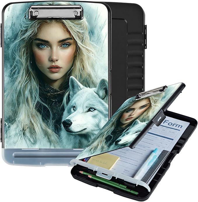 Clipboard with Storage Box & Pen Holder,Heavy Duty Clip Boards 8.5x11 for Nursing,High Capacity,School & Office Supplies,Wolf Spirit