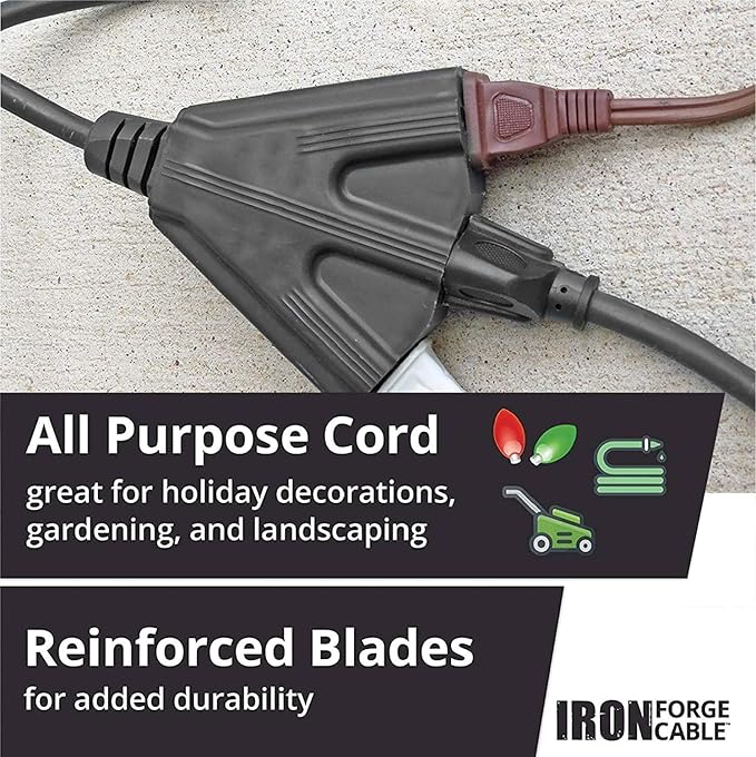 Iron Forge Cable 14 Gauge Outdoor Extension Cord 100 Ft with 3 Power Outlets, SJTOW 14/3 Heavy Duty Black 3 Prong, Oil Resistant & Flame Retardant