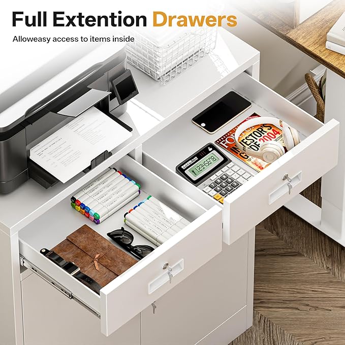 Metal Storage Cabinet with 2 Drawers 36" H,White Metal Garage Cabinets with 2 Lockable Doors and Adjustable Shelves Easy to Assemble for Home Office, Kitchen,Pantry,Garage,Warehouse