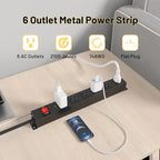 KF Matel 6 Outlet Power Strip Surge Protection 2100J,Heavy Duty Wide Space Power Strip with Flat Plug/Upgraded Switch,15A/1875W/14AWG 6FT Extension Cord in Home,Garage,Shop