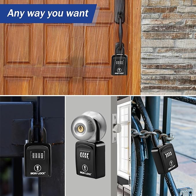 Iron Lock® Key Lock Box Portable with U-Shackle – Small Waterproof Heavy-Duty Metal Safe with 4-Digit Combination for Spare Keys Outside on Door Knob, Fence, or Gate (Black, Small)