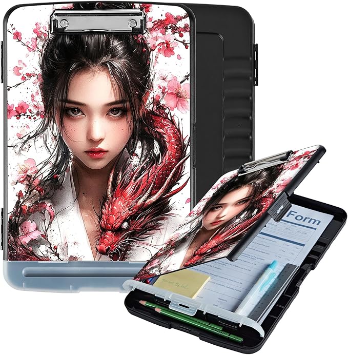 Clipboard with Storage Box & Pen Holder,Heavy Duty Clip Boards 8.5x11 for Nursing,High Capacity,School & Office Supplies,Dragon Blossom