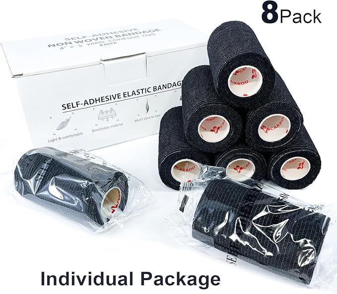 [8 Pack 4" x 5 Yards] Black- Self Adhesive Cohesive Bandage Wrap, Self Adherant Non-Woven Wrap Rolls, Atheletic Tape for Wrist, Ankle, Hand, Leg, Premium-Grade Medical Stretch Wrap