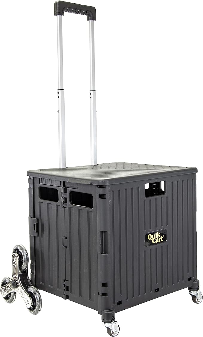 dbest products Quik Cart Stair Climber Wheeled Rolling Crate Teacher Utility with seat Heavy Duty Collapsible Basket with Handle, 18" D x 17" W x 39" H, Black
