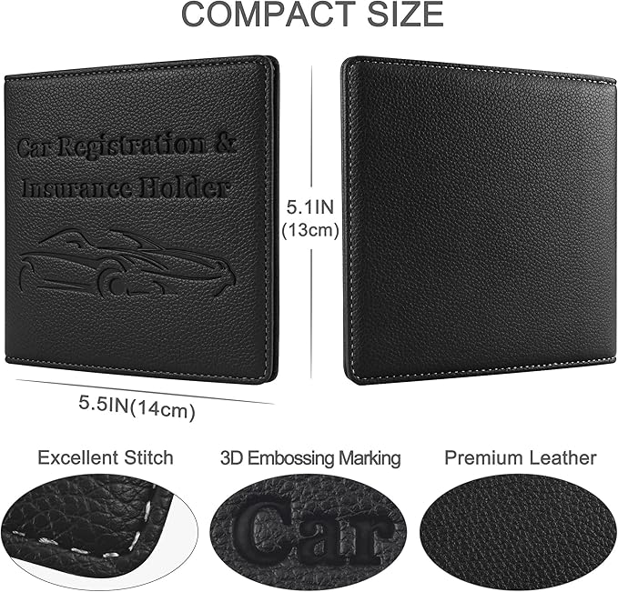 Car Registration and Insurance Holder, Premium PU Leather Vehicle Glove Box Car Organizer Men Women Wallet Accessories Case for ID, Driver's License - Black
