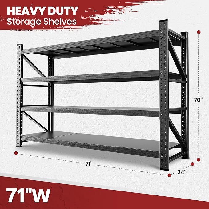 71" Wide Storage Shelves, 5000LBS Garage Shelving Heavy Duty, Standing Shelf Units, 4 Tier Metal Adjustable Storage Shelving Rack for Shop Warehouse Basement, 71'' W x 24''D x 70'' H