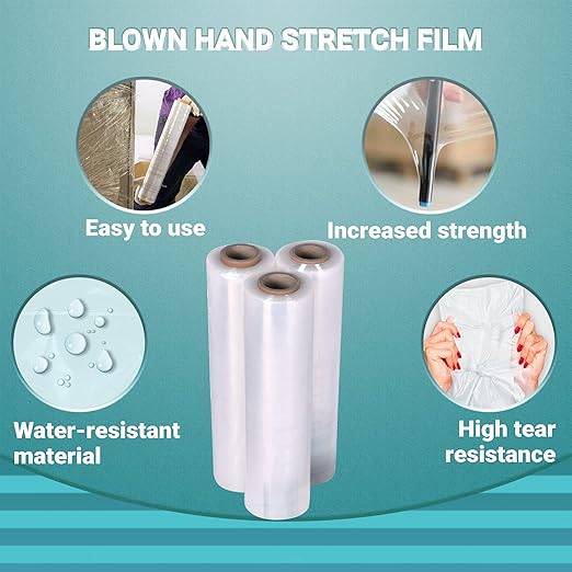 APQ 4 Rolls of Blown Hand Stretch Film 12" x 1500'. Clear Hand Stretch Wrap, 80 Gauge. Tear Resistant Residue Free Film for Moving, Shipping, Wrapping. Industrial Grade Pallet Shrink Wrap Film.