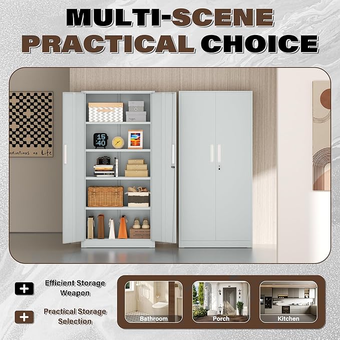 Incbruce 72” Metal Storage Cabinet, Locking Steel Storage Cabinets with 2 Doors and 4 Adjustable Shelves, Tall Lockable Tool Storages for Garage, Home, Office (Grey)
