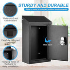 Metal Mount Wall Donation Box Key Lock Money Cash Drop Box with Top Slot and 2 Pcs Reflective Sign 10 x 5.5 x 3 Inch Safe Lock Mailbox with 2 Keys for Outside Office Business Home(Black)