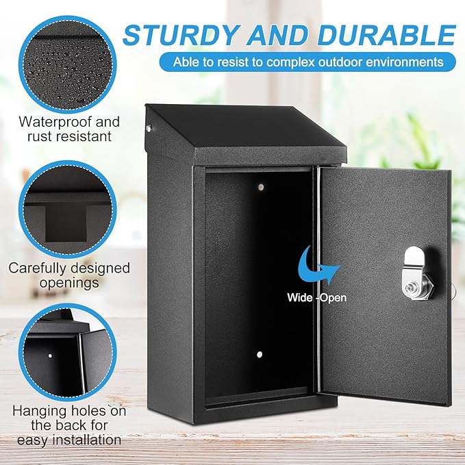 Metal Mount Wall Donation Box Key Lock Money Cash Drop Box with Top Slot and 2 Pcs Reflective Sign 10 x 5.5 x 3 Inch Safe Lock Mailbox with 2 Keys for Outside Office Business Home(Black)
