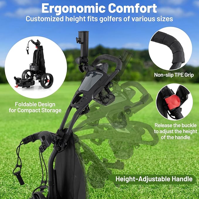 Tangkula Electric Golf Push Cart, Foldable 3 Wheels Golf Cart with Adjustable Handle & 9 Speed Settings, 18 Hole Battery, Umbrella Holder, Drink Holder, Scorecard Holder, Cooler Bag & USB Port, Black
