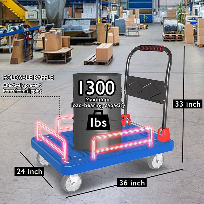 Heavy Duty Platform Truck Cart with Brake Wheels & Foldable Fences 1300lbs Capacity Flatbed Cart for Moving and Transport 36"x24" Moving Dolly for Warehouse/Industrial/Home, Blue