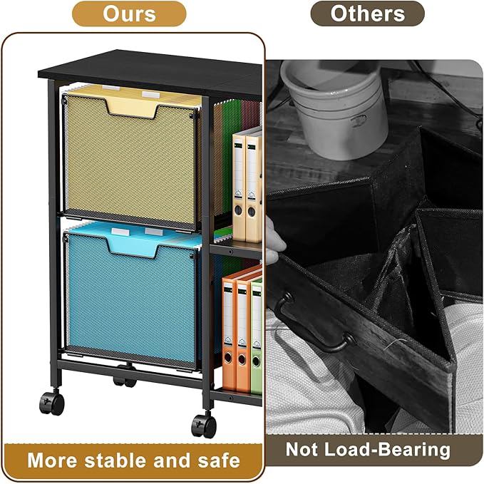 2 Drawer File Cabinet, Lateral Filing Cabinet, Rolling Printer Cabinet Cart with Open Storage Shelf, Office Storage with Wheels, Home Furniture, Black
