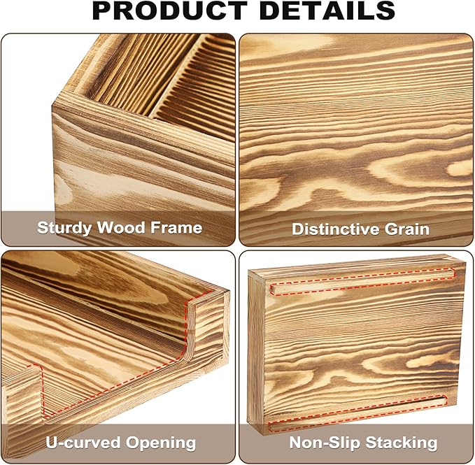 BTSKY 2PCS Vintage Wood Letter Tray with Anti-Slip Bars, Stackable A4 Paper Document File Organizer, Solid Wood Desktop Office Desk Storage Holder for Office and Home
