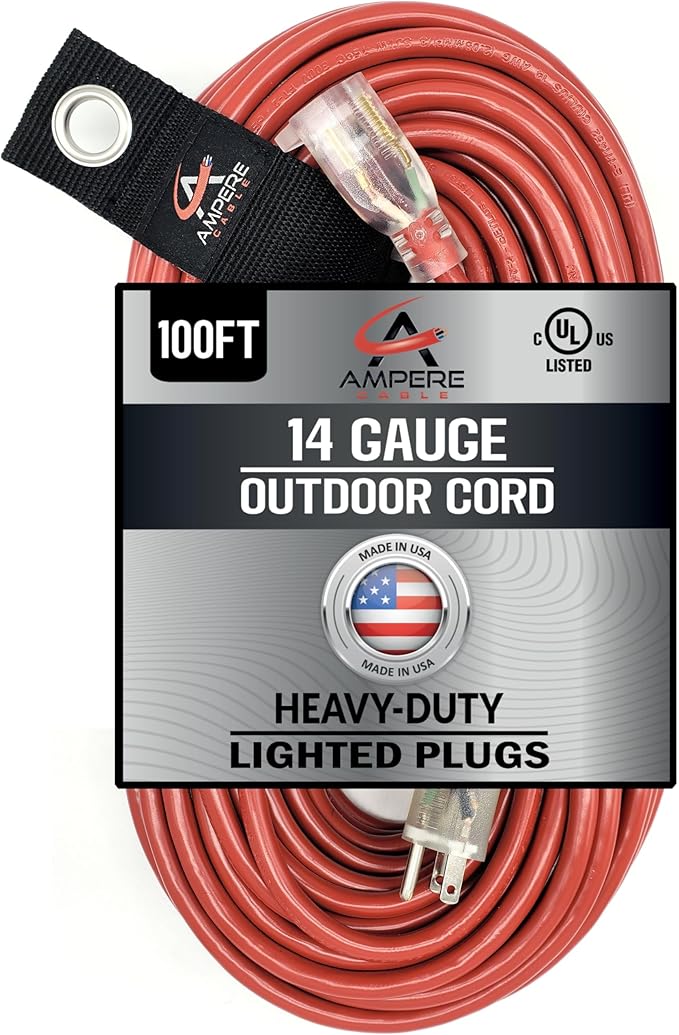 100 ft - 14 Gauge Extension Cord Outdoor - Made in USA - Lighted on Both Ends - Red Outdoor Extension_Cord Waterproof by Anthem Cable - Heavy Duty ExtensionCord 100 ft 13 Amp Extension