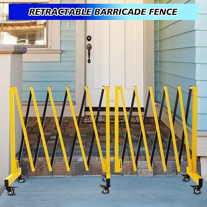 12.2FT Industrial Metal Expandable Barricade，Retractable Traffic Fence with Casters, Folding Security Gate，Portable Barricade Gate for Construction Area, Traffic Control, Cordon