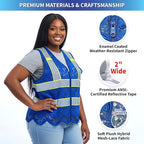 Lace-Mesh Safety Vest for Women & Men - Breathable, High Visibility Vest with Zipper & ANSI Class 2 Reflective Strips