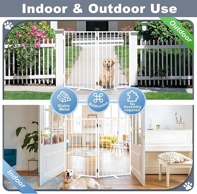 Metal Freestanding Dog Gates with Door for Outdoor Indoor,40'' Extra Wide 32'' Tall Free Standing Dog Gate for Doorways,Large Openings,Deck,Yard,Porch,Foldable Safety Pet Fence(White,2 Panels)