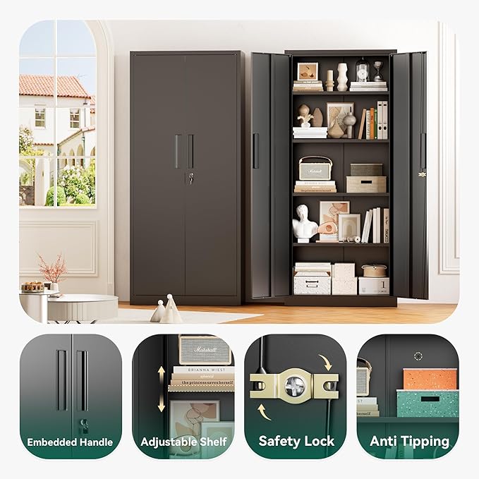 Greenvelly Metal Storage Cabinet, 63" H Locking Metal Storage Cabinet with Doors and 4 Shelves, Lockable Steel Cabinets for Kitchen, Bedroom, Living Room, Office (Black)