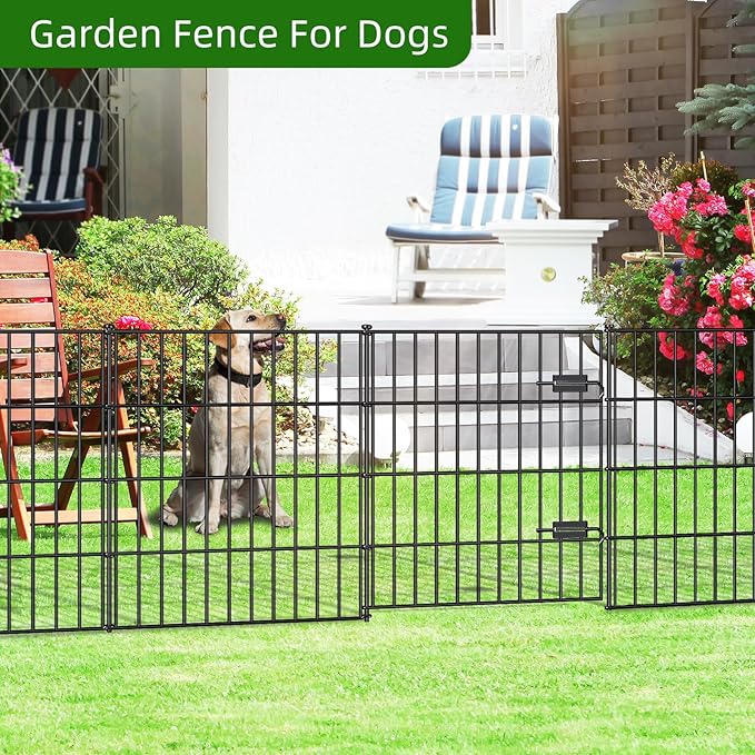 Metal Garden Fence 28in (H) x 23.3ft (L), 1 Gate + 9 Panels Dog Fence Border Fences Animal Barrier, No Dig Garden Fencing for Yard Flower Bed Lawn Patio Outdoor, PIN282810G Black