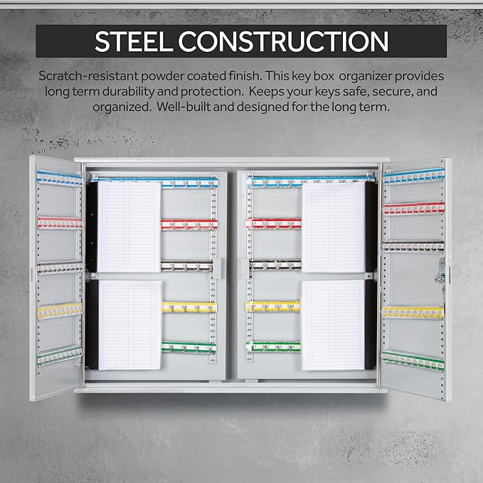 Durabox 400 Position Steel Key Cabinet - Organize and Secure Key Storage Lock Box with Numbered Hooks and Tags for Valets, Hotel, Office, Car Dealerships and More (K400) (Light Grey)