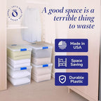 HOMZ 12-Pack Secure Latch, Clear Plastic Storage Organizer Bins, 31 Quart, Blue Latches - Stackable Container Boxes for Bedroom, Bathroom, Garage, and Office Organization