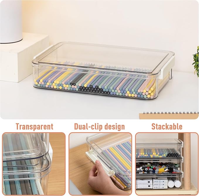 Citylife 2 PCS 6 Qt Plastic Storage Bins with Lids and Latches, Portable Stackable Storage Bins, Clear Plastic File Box for Organizing A4 Paper, Letters, Documents, Art Supplies, and Crafts