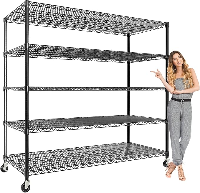 Garvee Heavy Duty 82" H Storage Shelving Unit with Wheels, 3300LBS 5-Tier Metal Shelves w/Feet, Adjustable Wire Shelving Organizer Rack Shelf for Garage, Pantry Rooms &Commercial, 59" W x 23.6" D