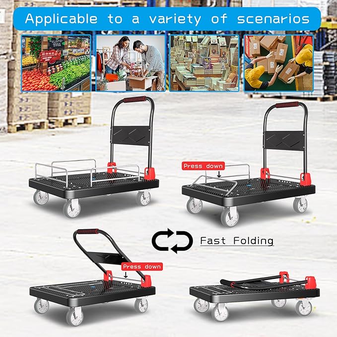 Platform Trucks Flatbed Cart Heavy Duty with Brake Wheels & Fence Foldable Hand Cart 1300lbs Capacity 36"x24" Moving Dolly for Furniture/Office/Groceries/Garage, Black