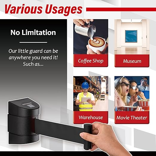 DuraSteel Wall Mount Retractable Belt Barrier - 6.5 Ft Black Safety Belt in Black Casing - Guardian 2.0 Indoor & Outdoor Do Not Cross Caution Tape for Crowd Control Queue Barrier, Line Divider, 10 Pcs