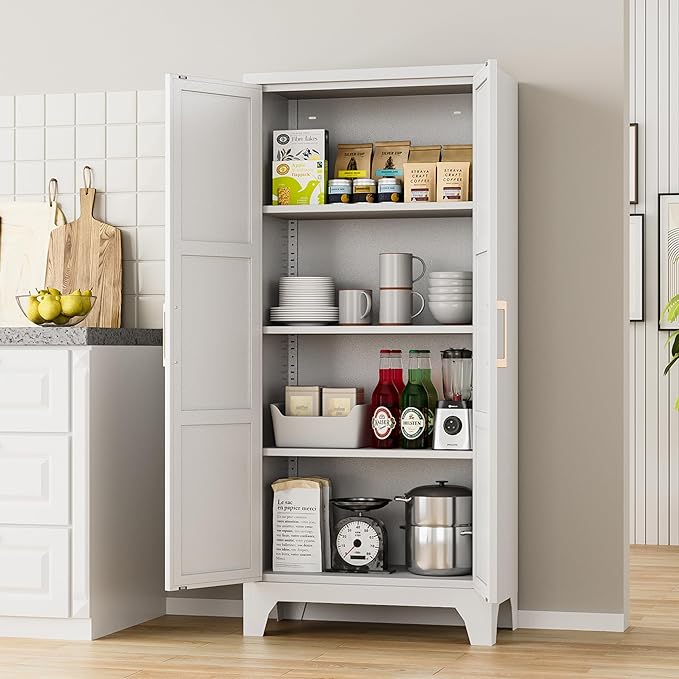 White Metal Kitchen Pantry Cabinet with Doors & Adjustable Shelves - Assembly Required