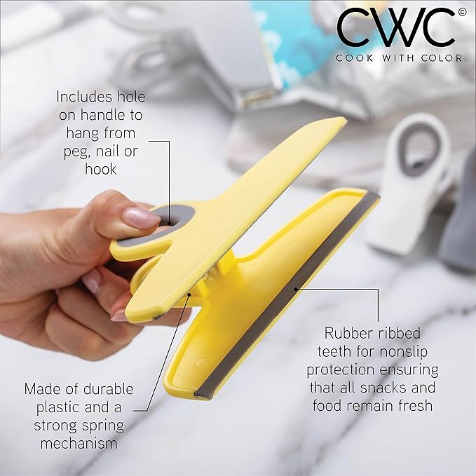COOK WITH COLOR Bag Clips - Heavy Duty Chip Clip and Refrigerator Magnet Clips for Food Storage with Air Tight Seal Grip, Yellow and Grey, Pack of 8 Large Clips