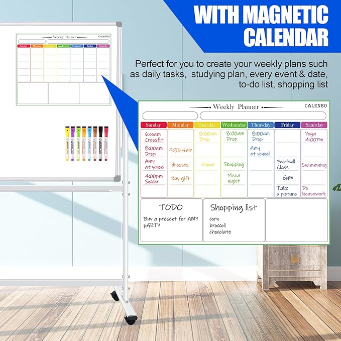 Large Rolling White Boards on Wheels 60 X 48 Magnetic Dry Erase Board with Stand, Double-Sided Mobile Whiteboard with Stands, 5' x 4' White Board with Eraser & Marker & Magnet & Calendar
