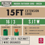 Outdoor Extension Cord 15 Ft with 3 Prong, 16/3 SJTW Weatherproof Green Extension Cord 15 Foot, 13 Amp Outside Power Cord for Christmas Outdoor Decorations & Yard