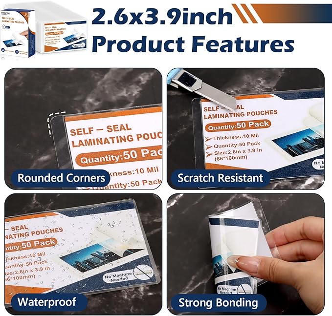 100 Pack 10 Mil 2.6"x3.9" Self Sealing Laminating Pouches Plastic Laminating Sheets Business Card Size Clear Lamination Paper for Office School Home Supplies Glossy Finish(No Laminator Need)