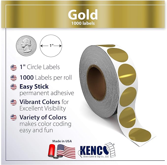 Kenco Color Coding Circle Dot Sticker Labels on a roll (Gold FOIL, 1 INCH 1000 Stickers)