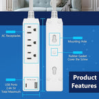 LIDER Outlet Extender with 3 Receptacles, 12W USB Type-A, and USB Type-C, USB Port, Ultra-Thin Wall Plate Plug with Cord Extender, 3-Outlet Power Strip, Flat-Face, ETL-Listed, 3ft Cord, White, 2 Pack