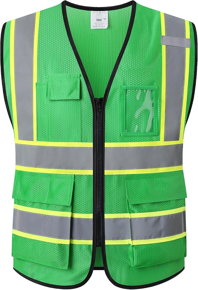 Reflective Mesh Safety Vest for Men Women with 5 Pockets and Zipper Front High Visibility Mesh Vest Hi Vis Construction Work Vest,Meets ANSI/ISEA Standards(EK175-Green-M)