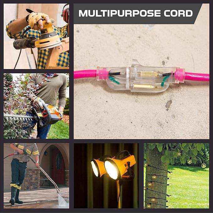 Iron Forge Cable Weatherproof 25 Ft Outdoor Extension Cord - 16/3 SJTW 13 Amp Heavy Duty Neon Pink Extension Cord 3 Prong - Lighted End