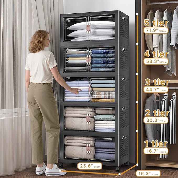 600Qt Stackable Storage Bins with Lids, 5 Pack Large Collapsible Bins with Wheels, Plastic Cabinet with Doors, Foldable Closet Organizers and Storage for Home, Dorm, Office, Black