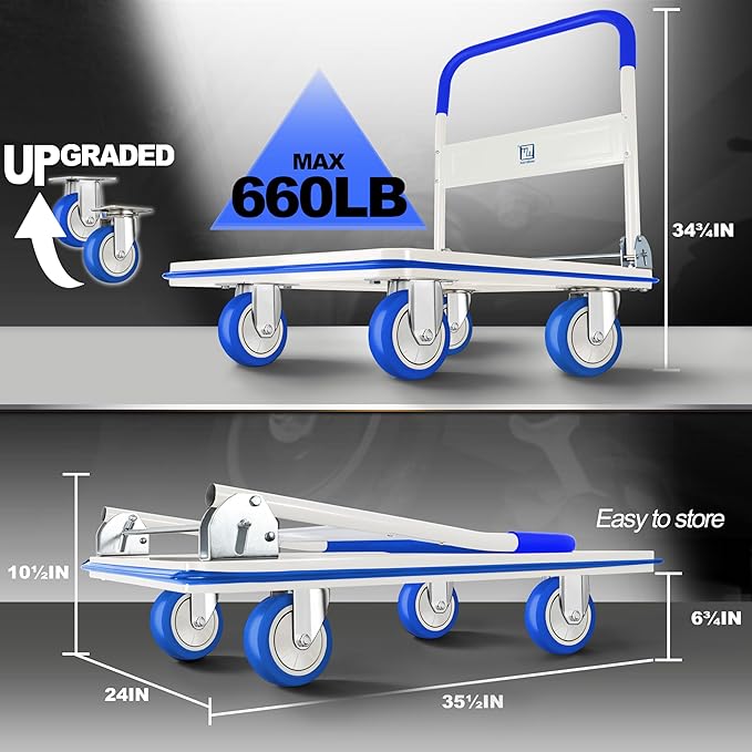 Push Cart Dolly by Wellmax, Moving Platform Hand Truck, Foldable for Easy Storage and 360 Degree Swivel Wheels with 660lb Weight Capacity, Blue Color