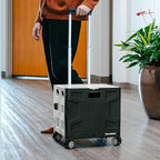 CleverMade Collapsible Wheeled Crate with Lid, 4-Wheels - Swivel and Glide Rolling Crate with Handle and Double Wheels for Easy Transport and Versatile Use - 35L and 75lb Capacity, Black/Cream
