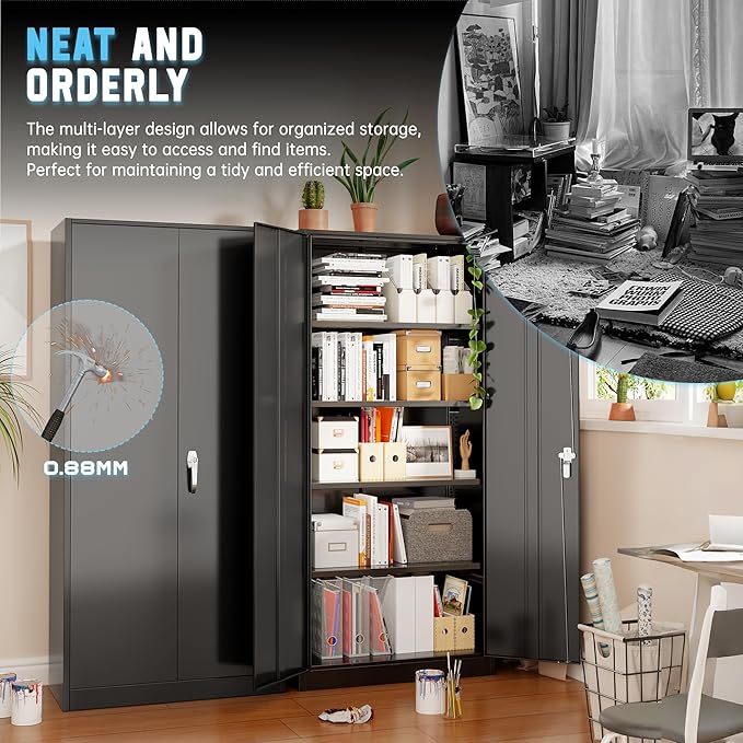 Superday Metal Storage Cabinet with Lock, 72" H Garage Storage Cabinet with Doors and 4 Adjustable Shelves, Black Steel Locking Cabinets for Office, Home, Garage, Gym, School