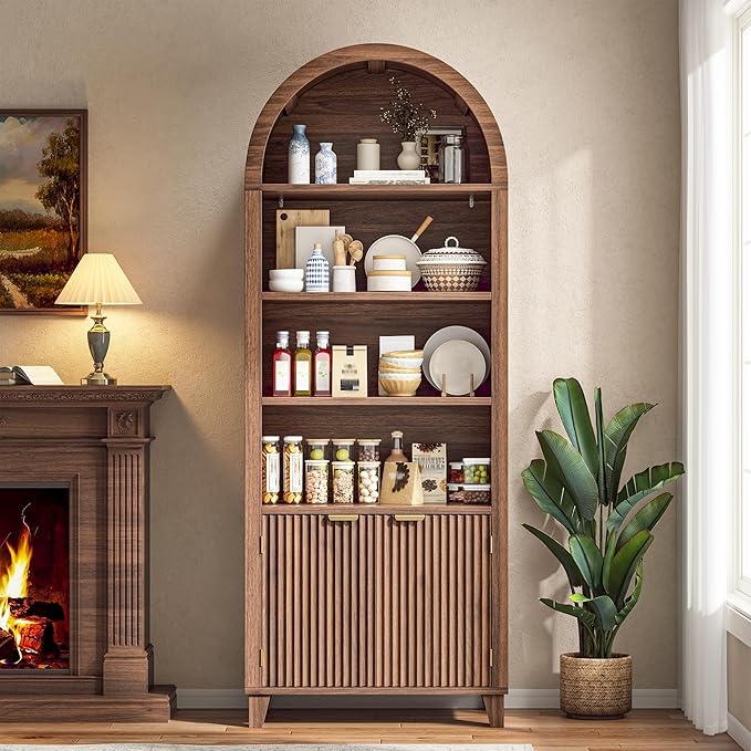 79.9" Tall Arched Storage Cabinet, 6-Tier Pantry Cabinet with Fluted Doors, Arch Kitchen Pantry with Open & Adjustable Shelves, Versatile Cupboard for Dining Room, Living Room, Walnut