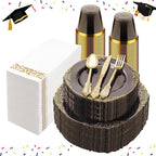 350PCS Clear Black Plastic Plates for 50 Guests, Disposable Plates with Gold Trim include 50 Dinner and Dessert Plates, 150 Gold Silverware, 50 Cups, 50 Napkins for Party & Graduation