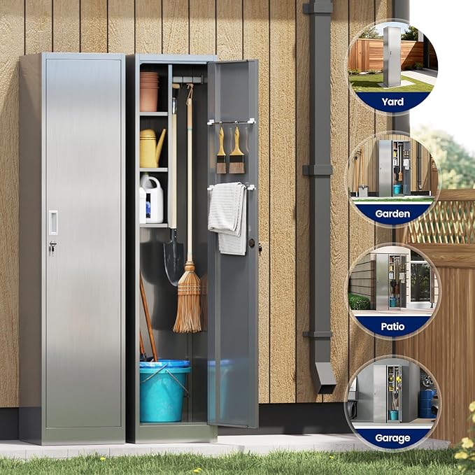 Yizosh Outdoor Storage Cabinet,Steel Broom Cloest with Locking Doors and Shelves,- 71" Broom Storage Cabinet with Hang Rods for Yard,Garden,Garage,Pation