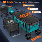 48" L Collapsible Beach Wagon Cart Foldable, 560LB Weight Capacity 300L Heavy Duty Folding Wagons with Big All-Terrain Wheels, Utility Carts for Groceries, Shopping, Camping, Sports - Grey&Turquoise