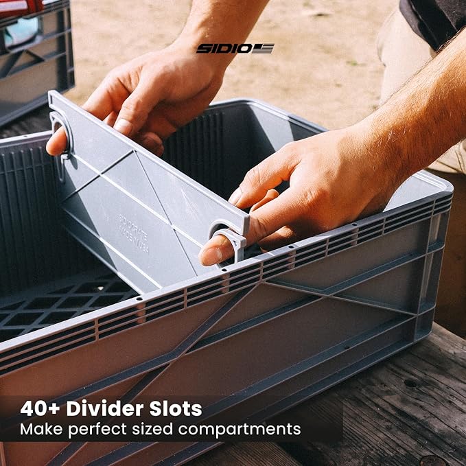 SIDIO Crate Basic Pack - 2 Full-Size & 1 Half-Size Heavy Duty Stackable Storage Bins, Totes and Containers with Dividers - Durable Plastic Organizer for Home, Office, Garage, and Outdoor Use (Tan)