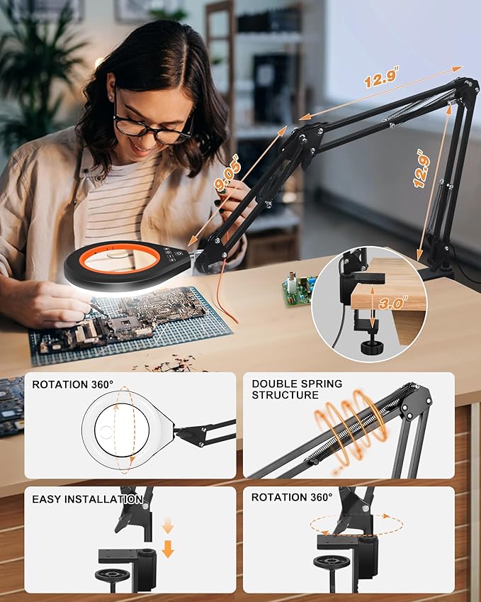10X & 5X Magnifying Glass with Light, Ultra Long Swing Arm, 5 Colors & 10 Brightness, Real Glass Lens Large Magnifying Lamp for Craft Painting Workbench Jewelry Making Hobby Close Work (Orange)
